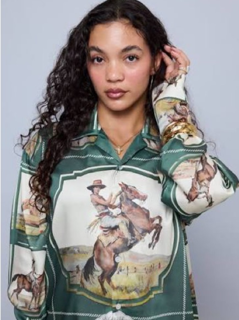 Melody Ehsani Silky Cowgirl Moss Western Satin Button Up Shirt L - Picture 8 of 10